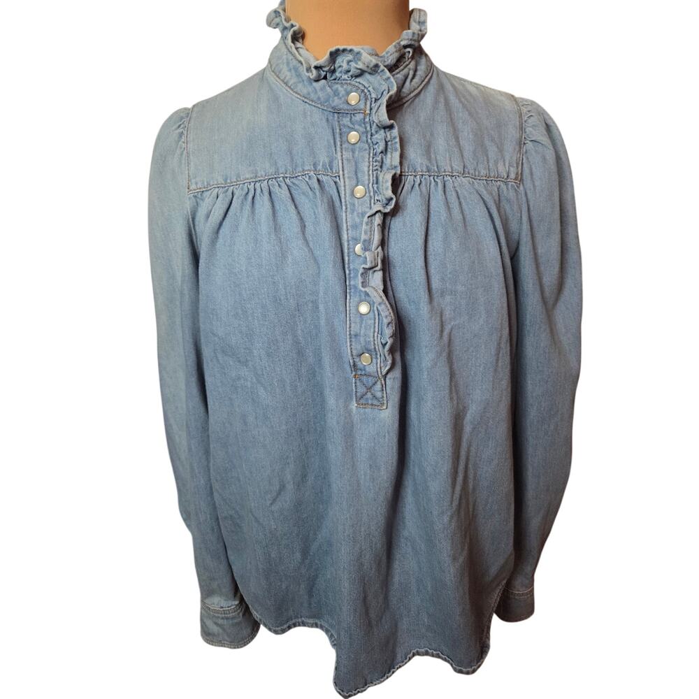 Ba&sh Ruffled Denim Top Boho Chic Western Puff Sleeve Streetwear Casual Jean